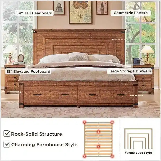 Cadre de lit Queen Size style ferme avec tête de lit de 137 cm et 2 grands tiroirs