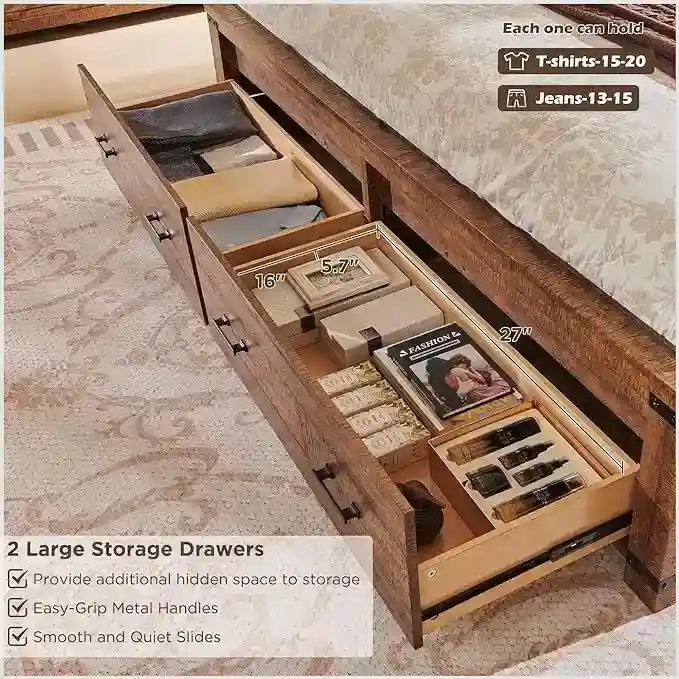 Cadre de lit Queen Size style ferme avec tête de lit de 137 cm et 2 grands tiroirs