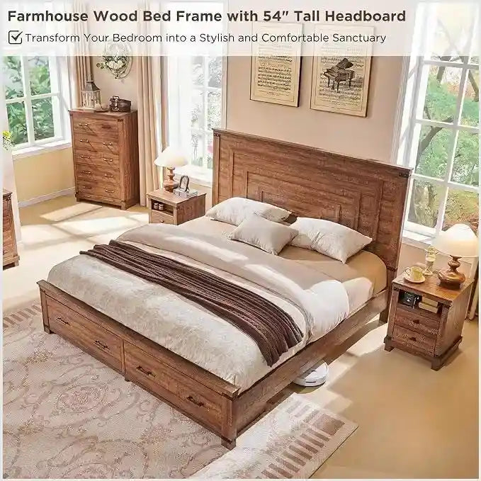 Cadre de lit Queen Size style ferme avec tête de lit de 137 cm et 2 grands tiroirs