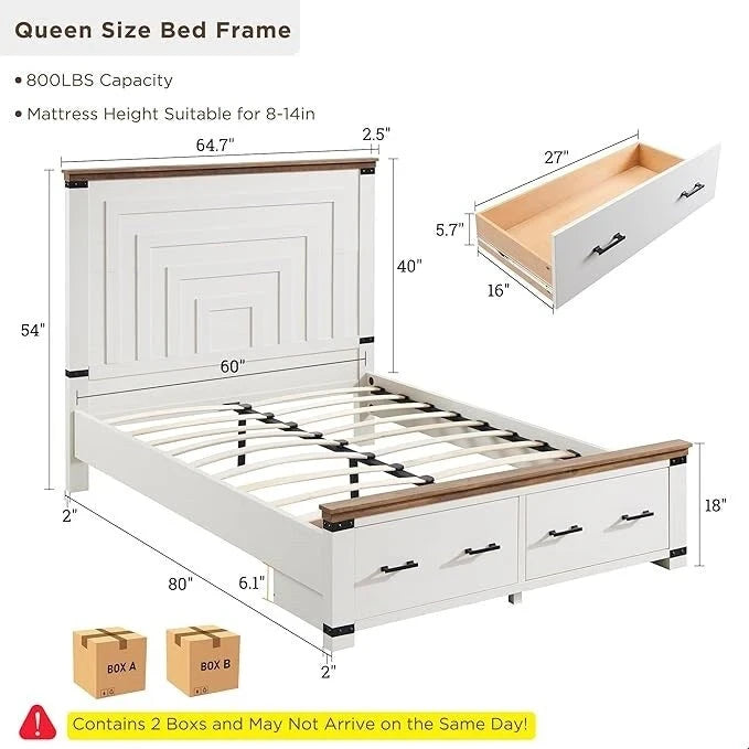 Cadre de lit Queen Size style ferme avec tête de lit de 137 cm et 2 grands tiroirs