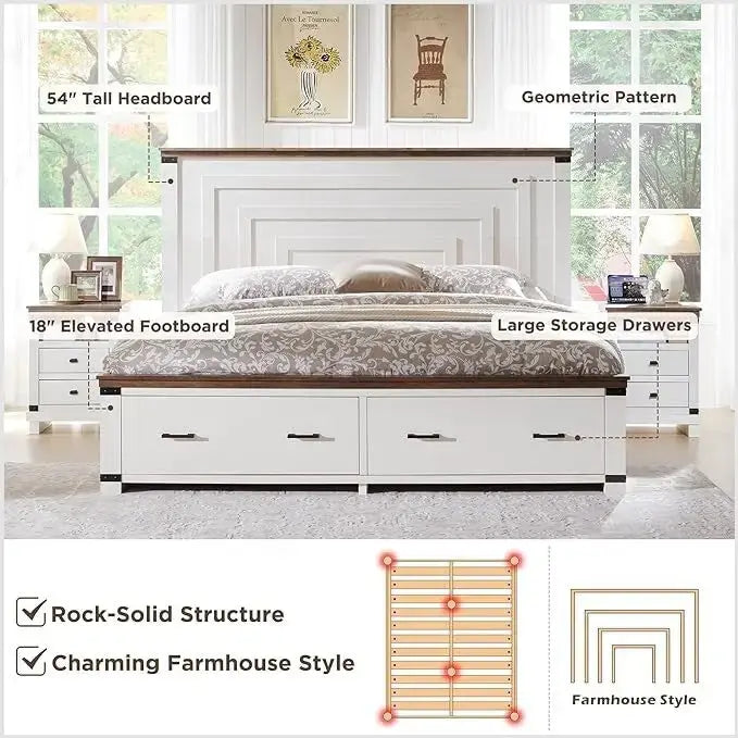 Cadre de lit Queen Size style ferme avec tête de lit de 137 cm et 2 grands tiroirs