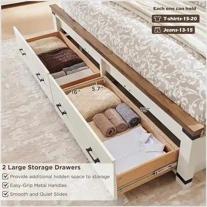 Cadre de lit Queen Size style ferme avec tête de lit de 137 cm et 2 grands tiroirs