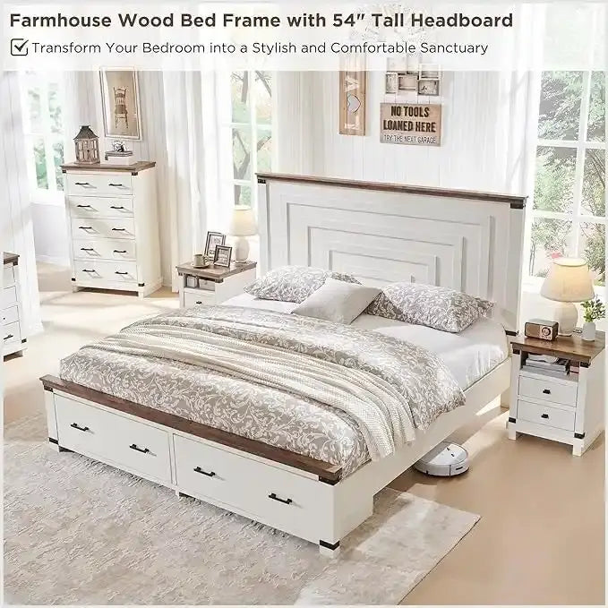 Cadre de lit Queen Size style ferme avec tête de lit de 137 cm et 2 grands tiroirs
