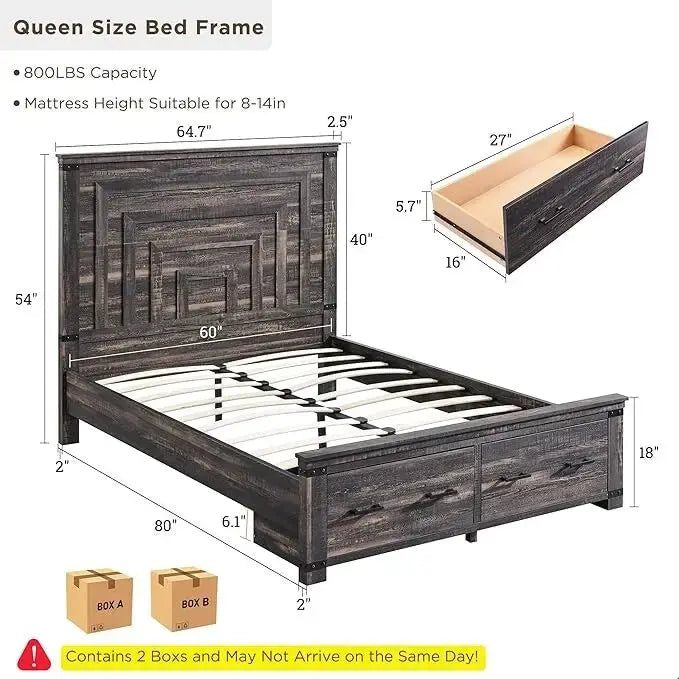 Cadre de lit Queen Size style ferme avec tête de lit de 137 cm et 2 grands tiroirs