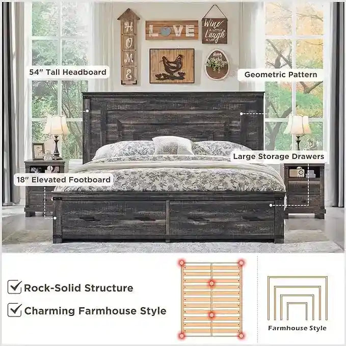 Cadre de lit Queen Size style ferme avec tête de lit de 137 cm et 2 grands tiroirs