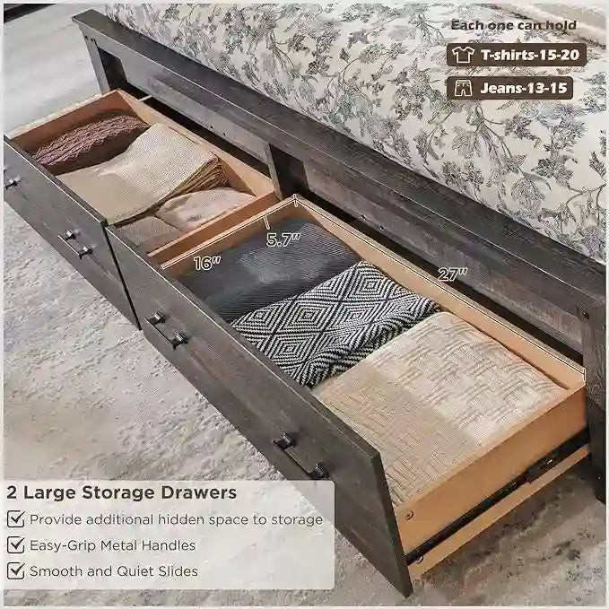Cadre de lit Queen Size style ferme avec tête de lit de 137 cm et 2 grands tiroirs