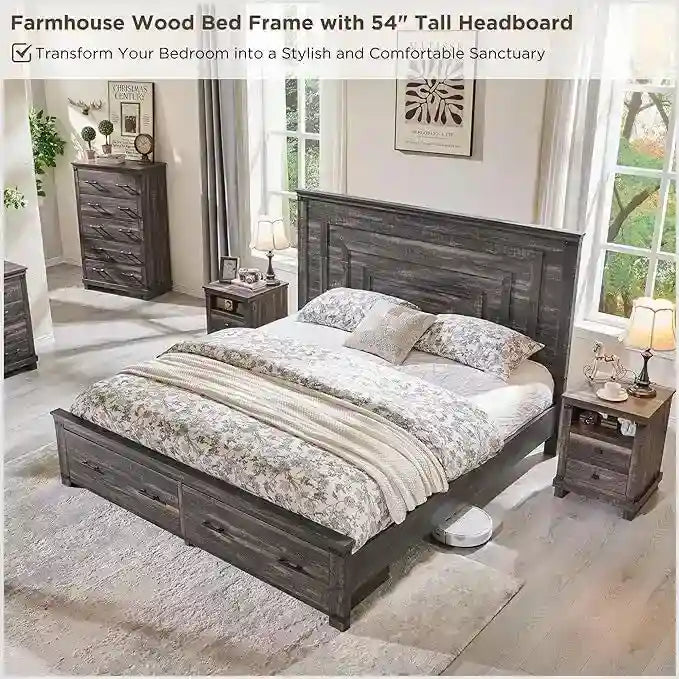 Cadre de lit Queen Size style ferme avec tête de lit de 137 cm et 2 grands tiroirs