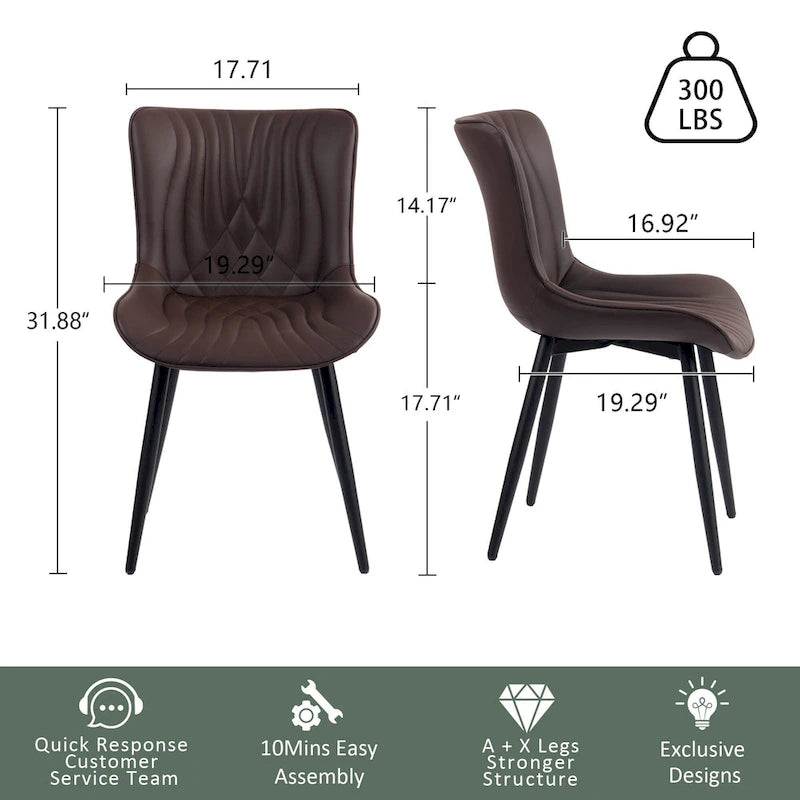 Chaises de salle à manger sans accoudoirs rembourrées en cuir modernes - Lot de 2